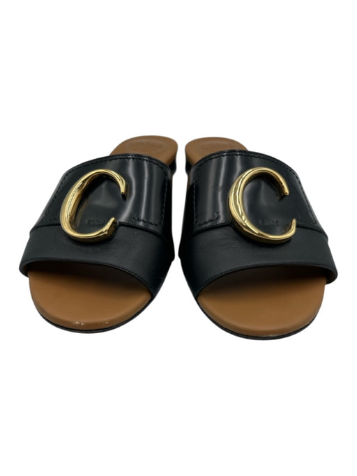 Chloe Shoe Size 38 Black Leather Gold Tone Hardware Logo Slide Sandals Black / 38