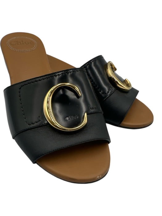 Chloe Shoe Size 38 Black Leather Gold Tone Hardware Logo Slide Sandals Black / 38