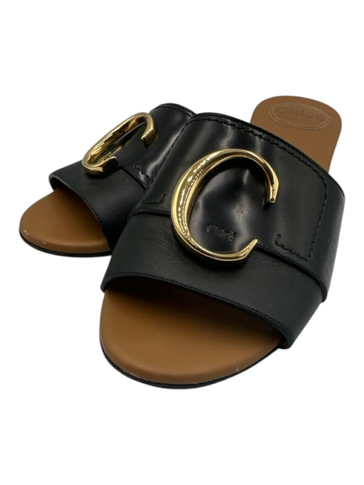 Chloe Shoe Size 38 Black Leather Gold Tone Hardware Logo Slide Sandals Black / 38