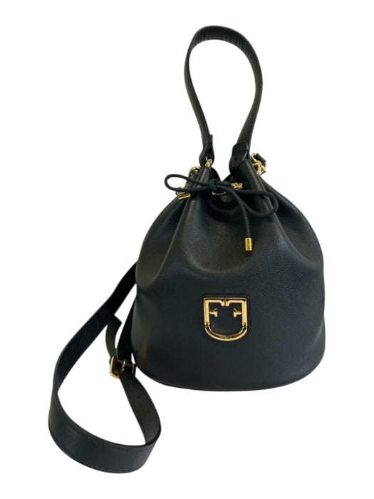 Furla Black Leather Gold Tone Hardware Drawstring Top Multiple Straps Bag Black