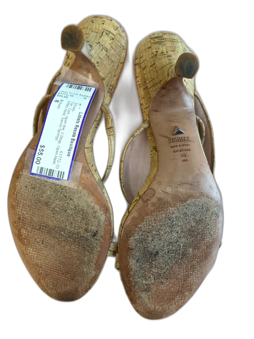 Schutz Shoe Size 8 Tan Cork open toe 3 Strap Open Heel Kitten Heel Shoes Tan / 8