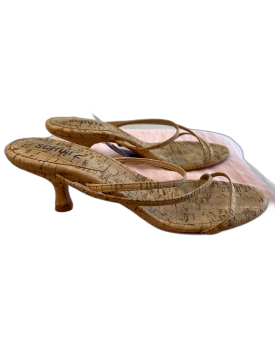 Schutz Shoe Size 8 Tan Cork open toe 3 Strap Open Heel Kitten Heel Shoes Tan / 8