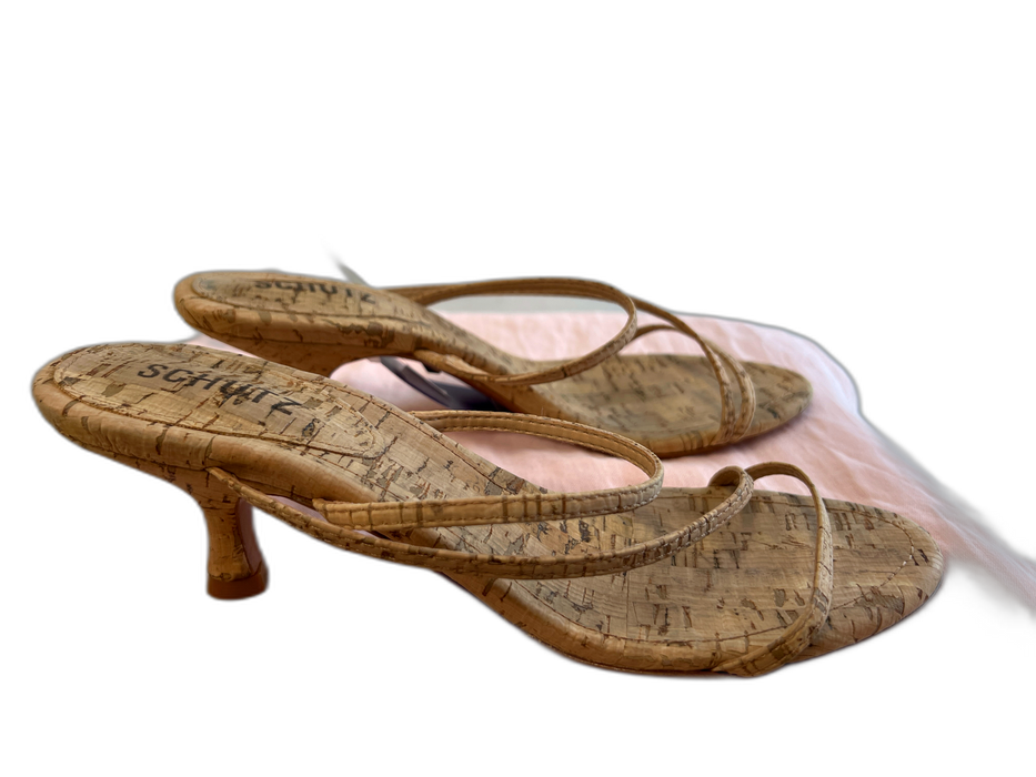 Schutz Shoe Size 8 Tan Cork open toe 3 Strap Open Heel Kitten Heel Shoes Tan / 8