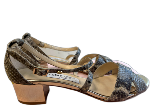 Jimmy Choo Shoe Size 39.5 Gray & Cream Leather open toe Short Block Heel Shoes Gray & Cream / 39.5