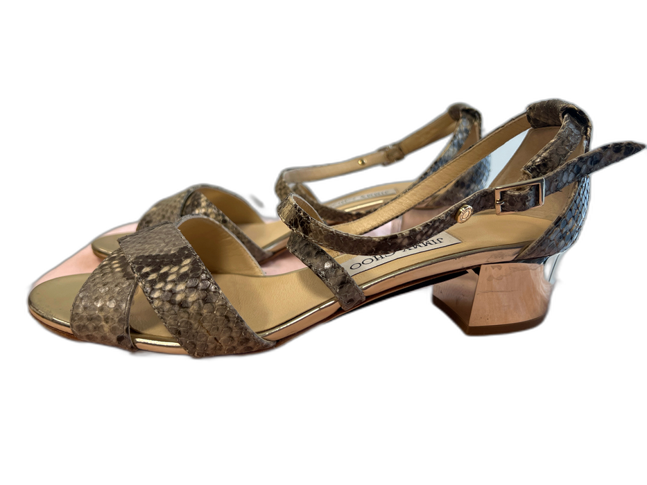 Jimmy Choo Shoe Size 39.5 Gray & Cream Leather open toe Short Block Heel Shoes Gray & Cream / 39.5