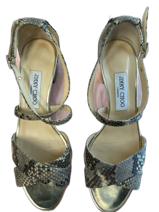 Jimmy Choo Shoe Size 39.5 Gray & Cream Leather open toe Short Block Heel Shoes Gray & Cream / 39.5