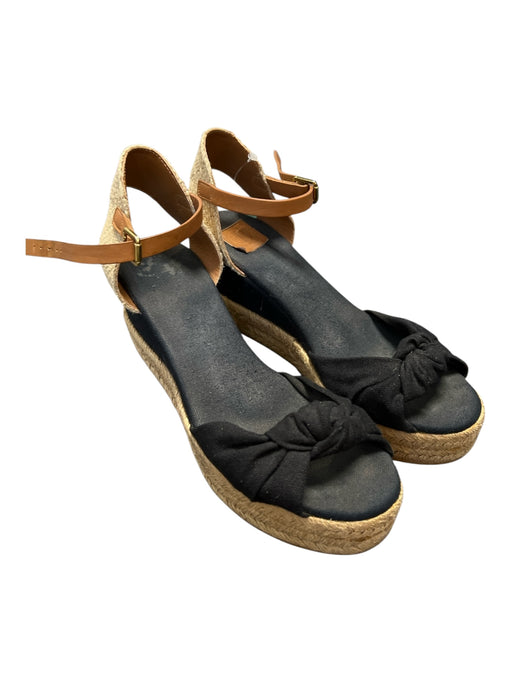 Tory Burch Shoe Size 8.5 Black & Tan Canvas Ankle Strap Wedge Open Toe Shoes Black & Tan / 8.5