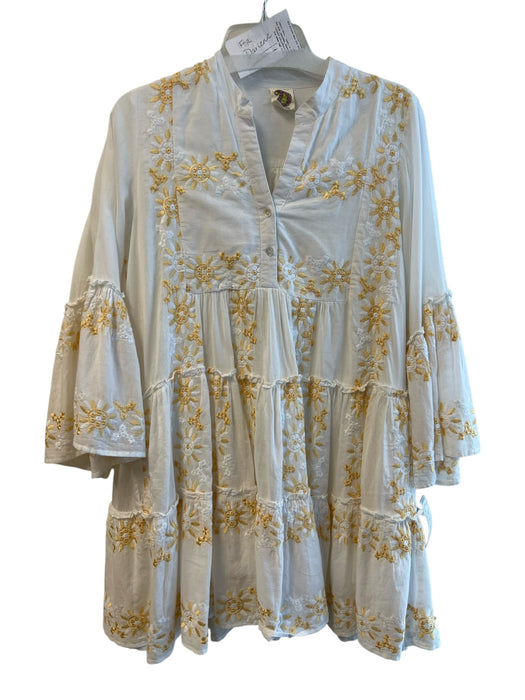 No Brand Size One Size White & yellow Cotton Lined Embroidered V Neck Dress White & yellow / One Size
