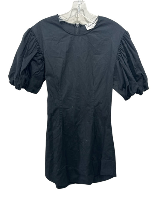 Shug! Size S Black Cotton Short Puff Sleeve Darted Back Zip Dress Black / S