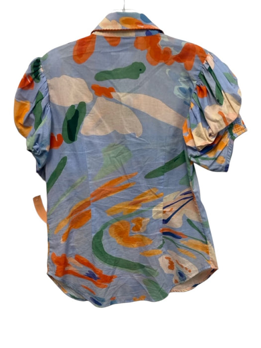 De Loreta Size XS Blue, Orange, Green Cotton Short Puff Sleeve Buttons Top Blue, Orange, Green / XS