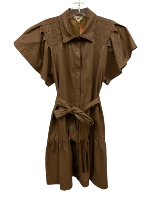 Entro Size S Light Brown Polyurethane & Polyester Pleather Short Sleeve Dress Light Brown / S