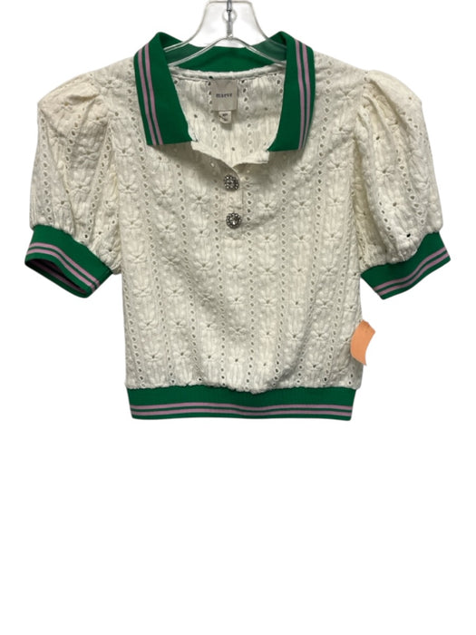 Maeve Size XS White, Green, Pink Polyester Short Puff Sleeve Cut Out Collar Top White, Green, Pink / XS