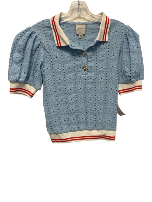 Maeve Size XXS Blue, White, Red Polyester Short Puff Sleeve Cut Out Collar Top Blue, White, Red / XXS