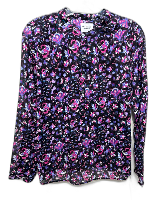 Marant Etoile Size 38 Black & Purple Cotton Floral Long Sleeve Button Up Top Black & Purple / 38