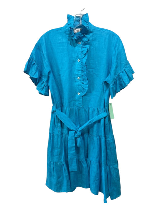 Mille Resort & Travel Size S Bright Blue Linen Ruffle Trim Half Button Dress Bright Blue / S