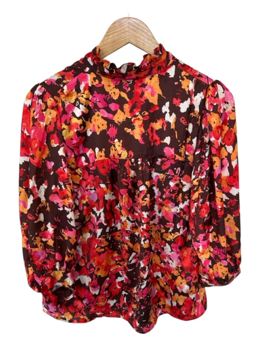 Willa Story Size S Orange & Brown Polyester Long Balloon Sleeve Abstract Top Orange & Brown / S