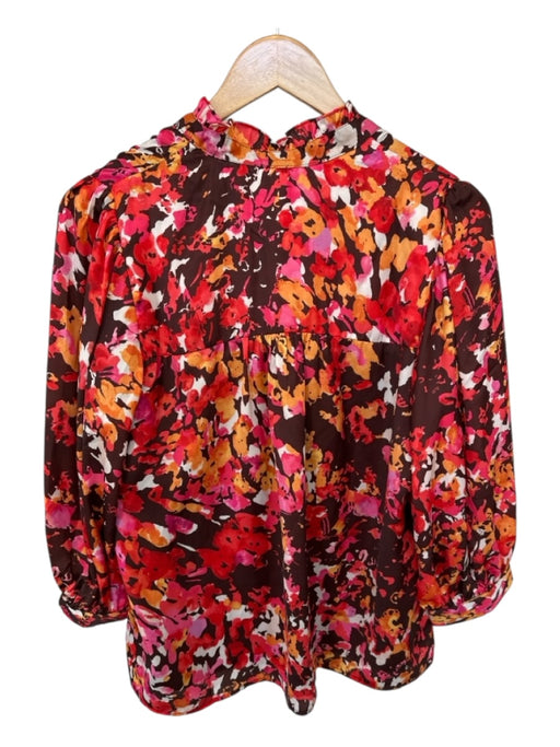 Willa Story Size M Orange & Brown Polyester Long Balloon Sleeve Abstract Top Orange & Brown / M