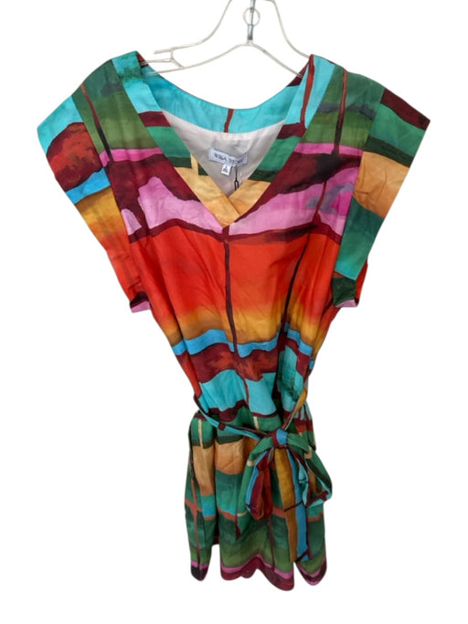 Willa Story Size L Multi Cotton Cap Sleeve Abstract V Neck Belted Dress Multi / L