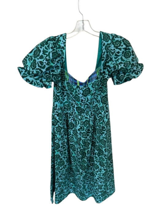 De Loreta Size L Green & Teal Cotton Short Balloon Sleeve Flowers Back Zip Dress Green & Teal / L