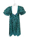 De Loreta Size L Green & Teal Cotton Short Balloon Sleeve Flowers Back Zip Dress Green & Teal / L