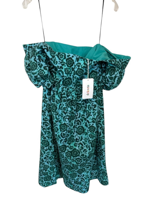 De Loreta Size L Green & Teal Cotton Short Balloon Sleeve Flowers Back Zip Dress Green & Teal / L