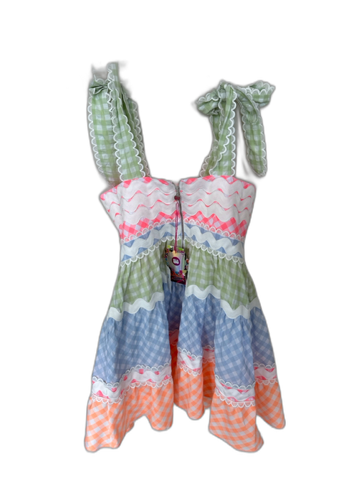 Celia B Size L Pink & Green Cotton Tie Straps Gingham Lace Trim Scallopped Dress Pink & Green / L