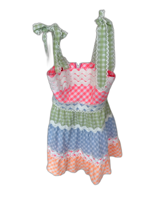Celia B Size L Pink & Green Cotton Tie Straps Gingham Lace Trim Scallopped Dress Pink & Green / L