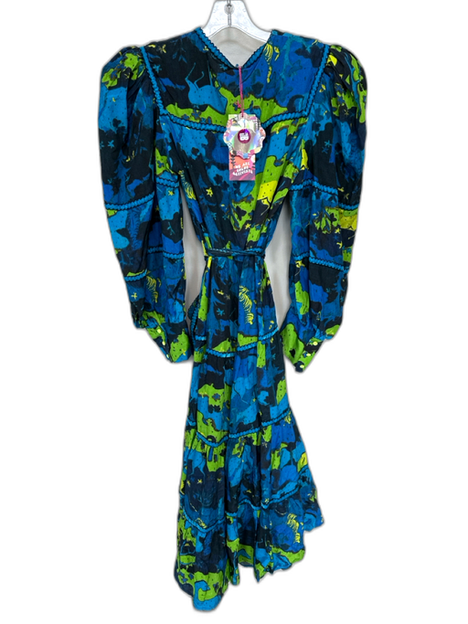 Celia B Size M Blue & Green Viscose Blend Long Balloon Sleeve Abstract Dress Blue & Green / M