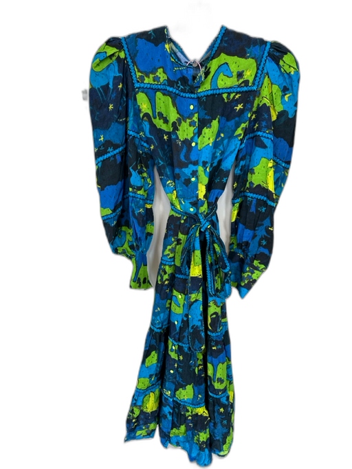 Celia B Size M Blue & Green Viscose Blend Long Balloon Sleeve Abstract Dress Blue & Green / M