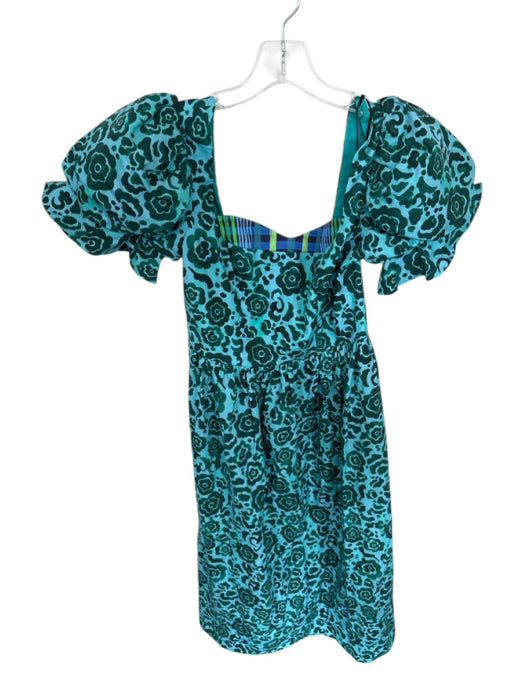 De Loreta Size M Teal & Green Cotton Short Balloon Sleeve Flowers Back Zip Dress Teal & Green / M
