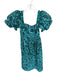 De Loreta Size M Teal & Green Cotton Short Balloon Sleeve Flowers Back Zip Dress Teal & Green / M