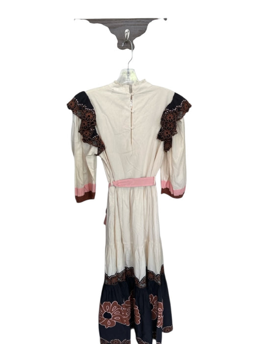 Veroalfie Size 2/M Cream & Brown Cotton Long Balloon Sleeve Lace Trim Sash Dress Cream & Brown / 2/M
