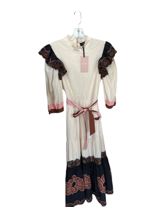 Veroalfie Size 2/M Cream & Brown Cotton Long Balloon Sleeve Lace Trim Sash Dress Cream & Brown / 2/M
