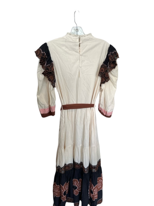 Veroalfie Size 3/L Cream & Brown Cotton Long Balloon Sleeve Lace Trim Sash Dress Cream & Brown / 3/L