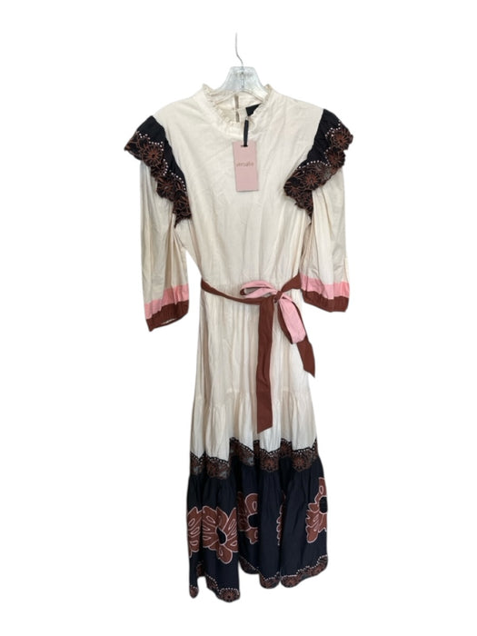 Veroalfie Size 3/L Cream & Brown Cotton Long Balloon Sleeve Lace Trim Sash Dress Cream & Brown / 3/L