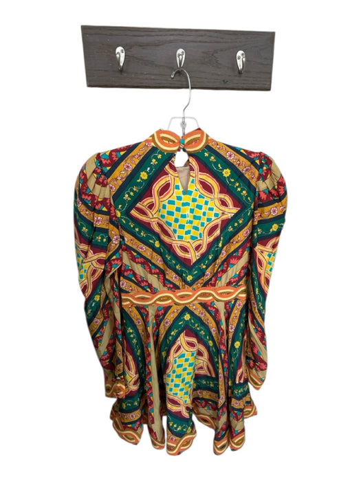 Celia B Size S Orange & Teal Print Viscose Blend Long Sleeve Puff Shoulder Dress Orange & Teal Print / S