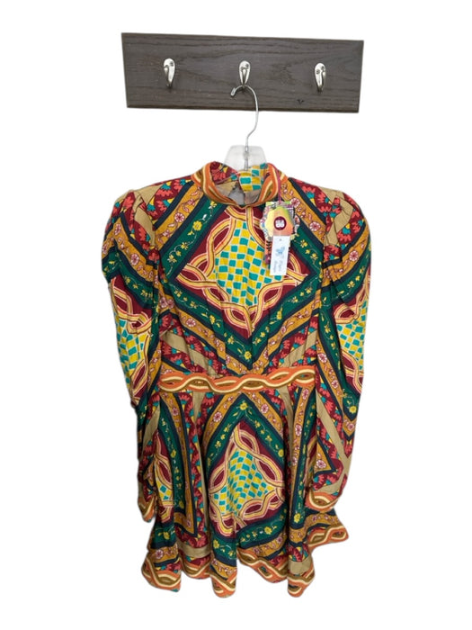 Celia B Size S Orange & Teal Print Viscose Blend Long Sleeve Puff Shoulder Dress Orange & Teal Print / S