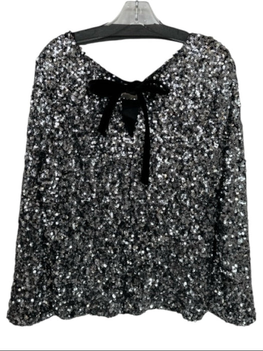 Olivia by Livro Size M Silver & Black Sequin Long Balloon Sleeve Back Tie Top Silver & Black / M