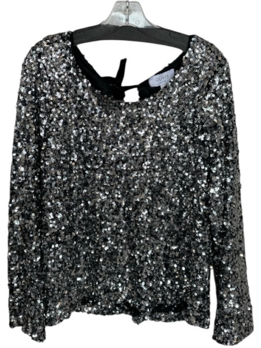 Olivia by Livro Size M Silver & Black Sequin Long Balloon Sleeve Back Tie Top Silver & Black / M