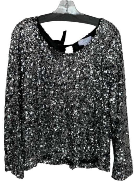 Olivia by Livro Size M Silver & Black Sequin Long Balloon Sleeve Back Tie Top Silver & Black / M