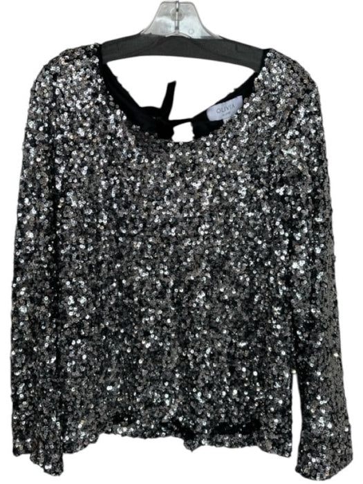 Olivia by Livro Size M Silver & Black Sequin Long Balloon Sleeve Back Tie Top Silver & Black / M