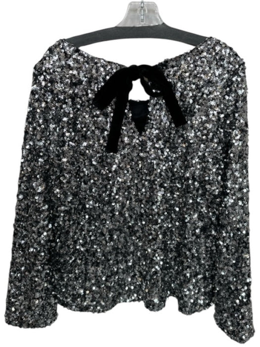 Olivia by Livro Size S Silver & Black Sequin Long Balloon Sleeve Back Tie Top Silver & Black / S