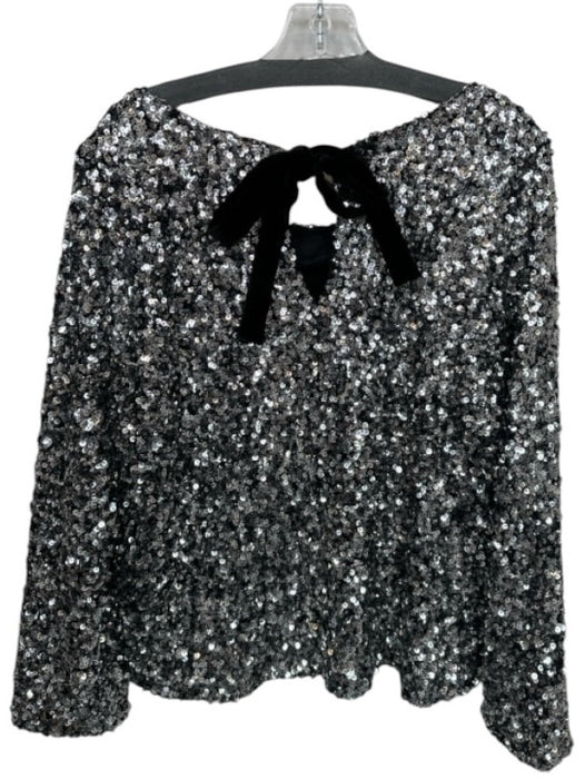 Olivia by Livro Size S Silver & Black Sequin Long Balloon Sleeve Back Tie Top Silver & Black / S