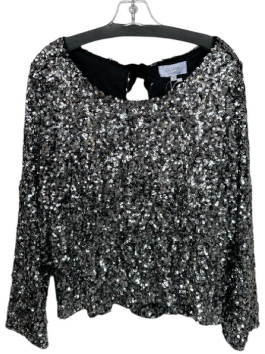 Olivia by Livro Size S Silver & Black Sequin Long Balloon Sleeve Back Tie Top Silver & Black / S