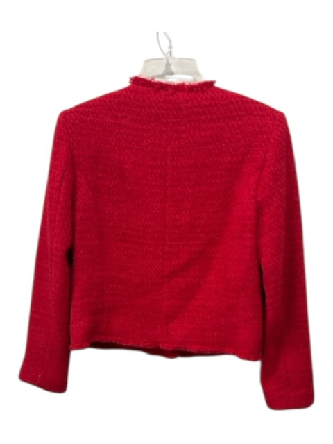 MNG Size S Cherry Red Cotton Blend Tweed Solid 3 Button Cropped Jacket Cherry Red / S