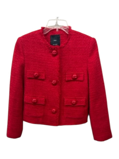 MNG Size S Cherry Red Cotton Blend Tweed Solid 3 Button Cropped Jacket Cherry Red / S