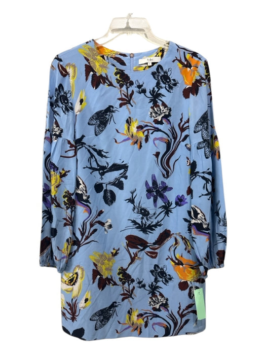 Tibi Size 2 Periwinkle Blue, Black & Multi Silk Long Sleeve Floral Darted Dress Periwinkle Blue, Black & Multi / 2