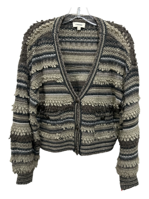 L'agence Size S Taupe & Black Acrylic Open Knit Button Down Stripe Cardigan Taupe & Black / S