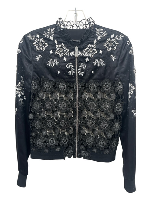 Elie Tahari Size XS Black & White Print Polyester & Silk Zipper Crochet Jacket Black & White Print / XS