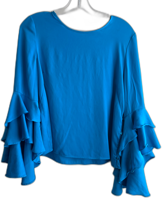 Milly Size 6 Aqua Silk Blend Round Neck Long Flutter Sleeves Clasp Back Top Aqua / 6